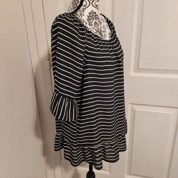 ELLE Womens Blouse Black White Stripe Short Sleeve Off Shoulder Ruched Ruffle - Picture 2 of 6